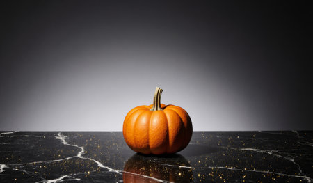 A vibrant orange pumpkin stands alone on a polished black marble table. The smooth surface reflects the pumpkin's curves, while gentle light emphasizes its rich color, creating an elegant autumn vibe.の写真素材
