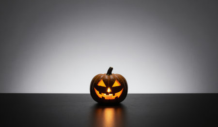 A carved pumpkin with a mischievous grin sits on a smooth black table, its warm glow illuminating the space. The soft light creates a spooky atmosphere perfect for Halloween night.の写真素材