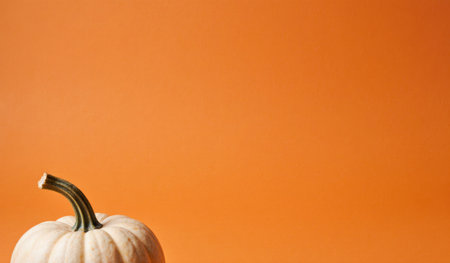 A white pumpkin rests gracefully on an orange surface, reflecting the warmth of autumn. The scene embodies the spirit of the fall season, inviting cozy feelings and festive celebrations.の写真素材