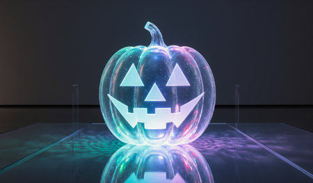 A translucent jack-oâ-lantern with glowing patterns sits on a clear display.の写真素材