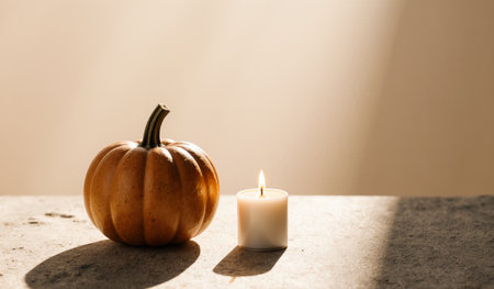 A small orange pumpkin sits beside a lit white candle on a smooth surface, basking in soft, warm light. The scene captures the essence of autumnâs cozy atmosphere.の写真素材