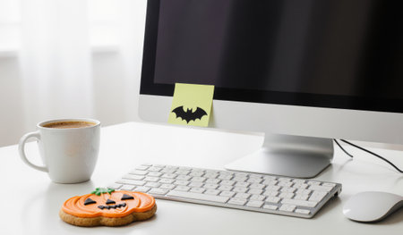 A desk setup features a warm cup of coffee and a decorative pumpkin cookie. A bat sticker adds a festive touch, enhancing the Halloween spirit in a bright, inviting space.の写真素材