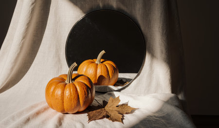 Two vibrant orange pumpkins rest on a soft light-colored linen. A round mirror captures their reflection, adding depth. A single dry maple leaf complements the serene autumn setting.の写真素材