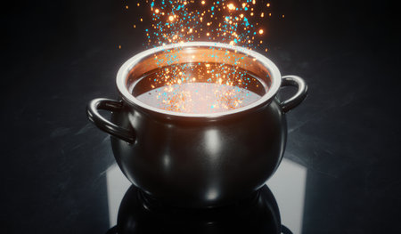 A dark cauldron sits on a reflective surface, with a shimmering brew inside. Colorful sparks and lights dance above the pot, creating a mesmerizing, magical atmosphere that enchants the viewer.の写真素材
