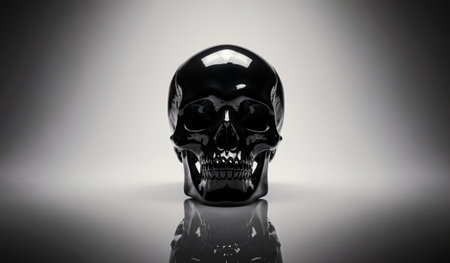 A glossy black skull stands prominently on a sleek, reflective surface. Soft light creates a mysterious ambiance, enhancing the skull's intricate details and dramatic effect.の写真素材