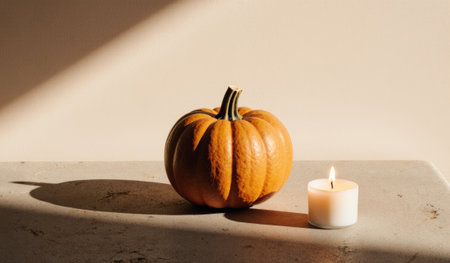 On a sunlit table, a vibrant orange pumpkin rests beside a glowing white candle. The soft light casts gentle shadows, creating a cozy autumn atmosphere perfect for fall evenings.の写真素材