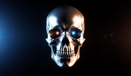 A shiny silver skull is illuminated from both sides by blue and orange lights. Its intricate details catch the eye, creating a haunting atmosphere. This striking piece evokes curiosity and intrigue.の写真素材