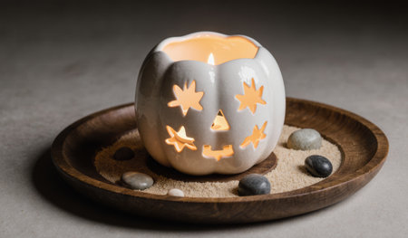 A charming ceramic pumpkin-shaped candle holder glows softly, surrounded by smooth stones and fine sand. This delightful setup enhances the cozy atmosphere of an autumn evening.の写真素材