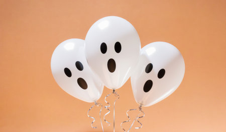 Three white balloons shaped like friendly ghosts rise against a warm orange background. Each balloon features simple black eyes and mouths, perfect for Halloween fun.の写真素材