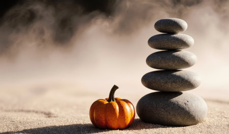 Stacked stones stand in harmony beside a small pumpkin on a sandy beach. Mist surrounds the scene, giving a serene autumn feel at dawn, inviting calmness and reflection.の写真素材
