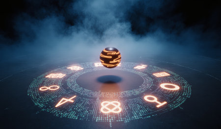 In a dimly lit space, a floating orb surrounded by glowing mystical symbols creates an enchanting and otherworldly feel. This scene draws the viewer into a realm of magic and mystery.の写真素材