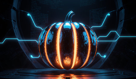 A sleek pumpkin sits in a dark, high-tech environment. Neon blue lines illuminate the pumpkin, creating a striking contrast against the darkness, reflecting innovation and creativity.の写真素材