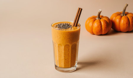 A vibrant pumpkin smoothie stands tall in a glass, topped with chia seeds and cinnamon sticks. Small pumpkins nearby capture the essence of fall, inviting warmth and comfort.の写真素材