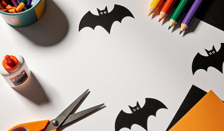 An exciting crafting session unfolds with colorful pencils, glue, scissors, and playful bat cutouts, perfect for Halloween fun. Creativity flows on a bright white surface.の写真素材