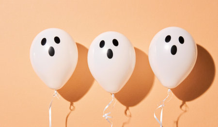 Three white balloons shaped like friendly ghosts float on a soft peach backdrop. Their playful expressions add a fun and whimsical touch, perfect for a Halloween party or festive gathering.の写真素材