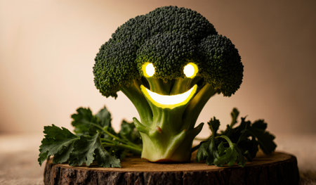 A cheerful broccoli stands tall on a wooden cutting board, glowing softly with a bright smile. Fresh herbs surround it, adding a playful vibe to this inviting kitchen scene at twilight.の写真素材
