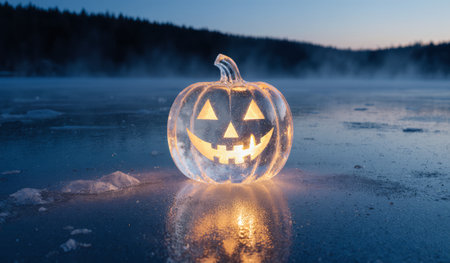 A carved pumpkin made of ice glows with a cheerful face, sitting on a frozen lake. The dusk light reflects on the surface, creating a magical winter scene filled with charm and wonder.の写真素材