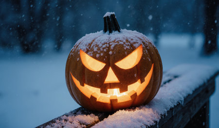 A carved pumpkin with a mischievous grin glows warmly in the cold night. Snow dusts its surface, creating a magical contrast against the dark, wintry backdrop.の写真素材