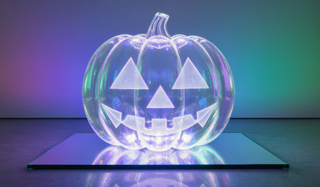 Brightly lit pumpkin offers a modern twist on a classic Halloween symbol. Set against a dark background, it features playful shapes and an enchanting glow, perfect for festive celebrations.の写真素材