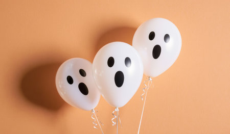 Three white balloons with spooky faces float against a warm orange wall, adding a fun and festive touch to a Halloween celebration, inviting laughter and joy to all who see them.の写真素材
