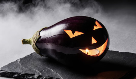 A spooky jack-o-lantern crafted from a shiny eggplant rests on a dark stone surface. Inside, a small candle flickers softly, illuminating the carved face.の写真素材