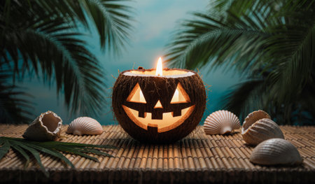 A carved coconut pumpkin glows warmly, showcasing a playful face. Seashells and tropical leaves decorate the bamboo table under a serene night sky, blending Halloween with a beach vibe.の写真素材