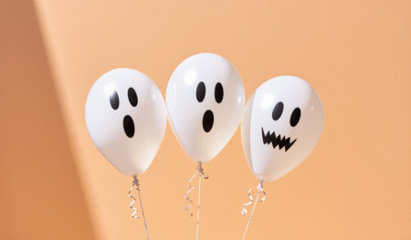 Three white balloons adorned with playful ghost faces hang against a soft orange wall. The spooky designs bring a festive atmosphere perfect for Halloween celebrations, adding charm to any gathering.の写真素材