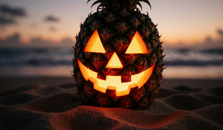 A spooky pineapple carved with a smiling jack-o'-lantern face sits on soft sand. The sun sets in the background, casting warm hues across the beach. It's a unique twist on Halloween.の写真素材