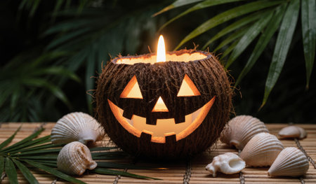 A joyful pumpkin candle flickers warmly amid seashells and lush green leaves. This unique decoration offers a vibrant blend of Halloween spirit and tropical charm, perfect for a festive gathering.の写真素材