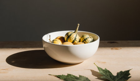 Colorful gourds rest peacefully in a white bowl on a wooden table, highlighting their unique patterns. Gentle sunlight casts soft shadows, creating a serene atmosphere.の写真素材