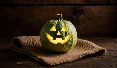 A green pumpkin carved with a smiling face glows softly, resting on a burlap cloth. The warm light adds a festive touch to the rustic wooden background, perfect for Halloween celebrations.の写真素材