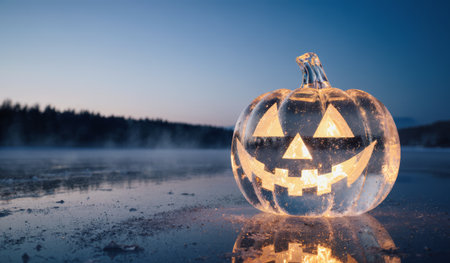 A beautifully carved ice pumpkin stands proudly by the water's edge, glowing warmly as the sun sets. This artistic creation captures the essence of Halloween in a unique, frosty way.の写真素材