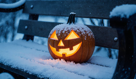 A cheerful jack-o'-lantern sits on a wooden bench, glowing warmly against the backdrop of gently falling snow. The scene captures the magic and contrast of Halloween in winter.の写真素材