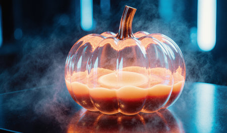 A delicate, transparent pumpkin shape glows softly with warm light, surrounded by wisps of mist. This enchanting scene captures the essence of autumn nights filled with warmth and wonder.の写真素材
