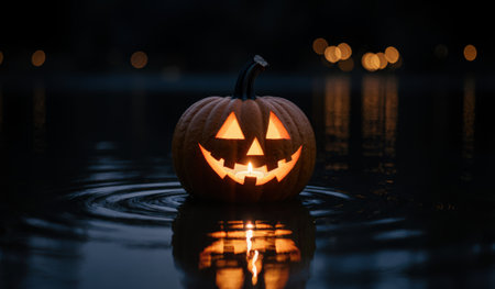 A carved pumpkin with a cheerful face floats serenely on still water. Surrounding lights twinkle softly in the darkness, creating an enchanting Halloween atmosphere.の写真素材