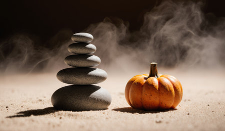 A stack of smooth stones stands tall beside a small, vibrant pumpkin in a peaceful setting. Soft steam swirls around them, creating a calming atmosphere full of autumn vibes.の写真素材