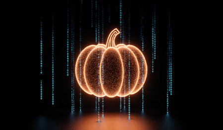 A vibrant pumpkin glows with a warm orange light, suspended in a dark space. Streams of digital binary numbers cascade around it, creating a striking contrast with the pumpkin's shape.の写真素材