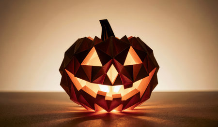 A beautifully crafted pumpkin lantern stands on a simple surface, its warm light shining through geometric folds. The festive glow enhances the Halloween spirit in a cozy setting.の写真素材