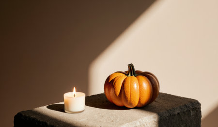 A small white candle flickers beside a vibrant orange pumpkin on a rough stone pedestal. Soft sunlight streams in, casting gentle shadows, creating a cozy autumn atmosphere.の写真素材