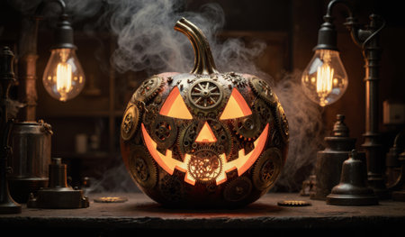 A unique steampunk pumpkin sits on a wooden table, illuminated with a warm glow. The pumpkin features intricate gears and mechanical parts, adding a creative twist to traditional Halloween decor.の写真素材