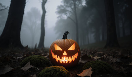 In a dark forest shrouded in mist, a carved Jack-o'-Lantern sits on the ground. Its flickering light casts shadows among the trees, creating a haunting yet festive atmosphere as twilight falls.の写真素材