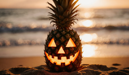 A carved pineapple stands proudly on the sandy beach, glowing with festive jack-o'-lantern features. Behind it, the sun sets, casting a warm golden light on the gentle waves.の写真素材