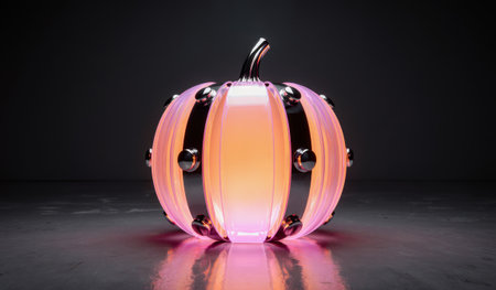 A unique glass pumpkin shines with a soft pink light in a dark setting. Its smooth surface and metallic details create an artistic vibe, perfect for adding charm to any space during the night.の写真素材