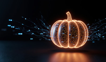 A vibrant pumpkin created with digital lights glows against a black background. The design emphasizes futuristic elements, combining tradition with modern technology in a captivating way.の写真素材