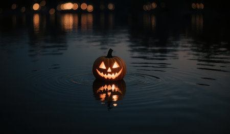 A carved pumpkin with a cheerful face floats gently on calm water during a starry night. The warm glow from inside creates a magical atmosphere, inviting the spirit of Halloween.の写真素材