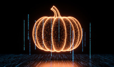 A vibrant pumpkin glows with a warm light, surrounded by cascading lines of glowing data. The scene is set in a dark, digital environment that evokes a sense of innovation and creativity.の写真素材