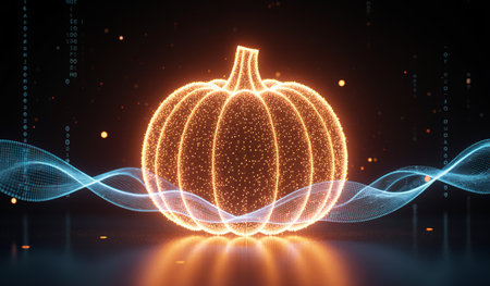 A bright pumpkin shape shines in the darkness, surrounded by swirling waves of light. The glow creates a magical atmosphere, blending traditional autumn themes with a modern digital flair.の写真素材