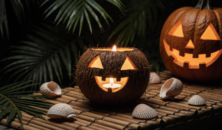 A coconut pumpkin carved with a smiling face glows softly beside a traditional carved pumpkin. Tropical leaves and seashells surround the scene, creating a unique festivity under dim light.の写真素材