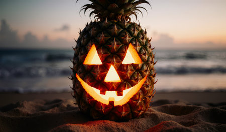 A creatively carved pineapple sits on the sand, illuminated with playful jack-o'-lantern faces. The setting sun paints the sky in warm hues, casting a magical atmosphere by the shore.の写真素材