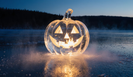 A carved pumpkin glows warmly against a backdrop of icy terrain. Frost forms around it, creating a magical Halloween scene under the evening sky as the sun sets in the distance.の写真素材